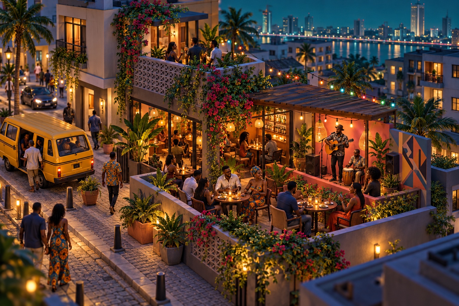 Lagos evening scene with friends, food and music